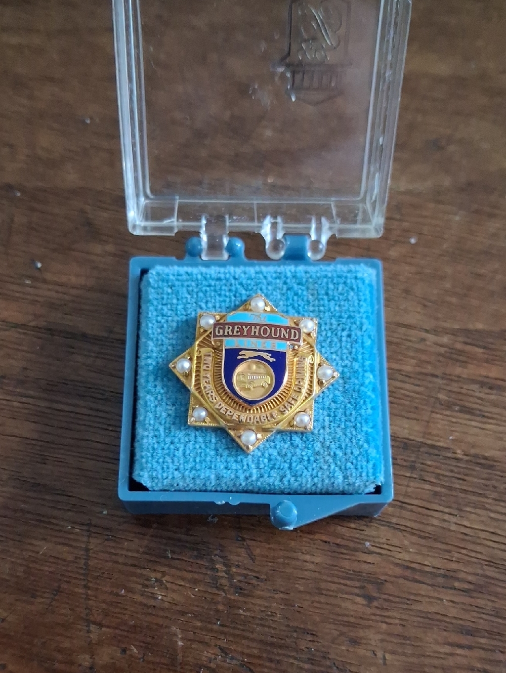 Vintage 2 Year Dependable Safe Driving Greyhound Enamel Shield Pin - Gold & Blue